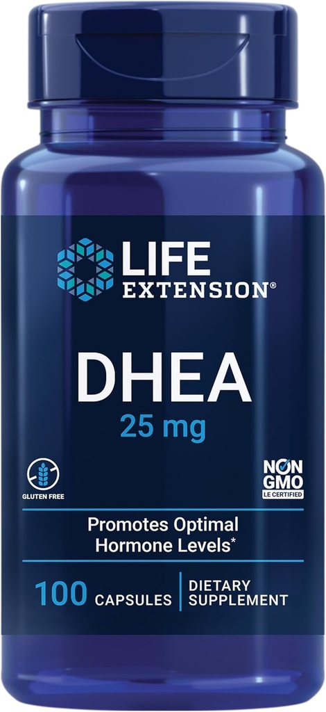 Life extension DHEA 25 mg - supplement til Hormonbalance, immunforsvar, seksuel sundhed, ben & kardiovaskulær sundhed og anti- aging og mood support - Glutenfri, ikke-GMO - 100 kapsler
