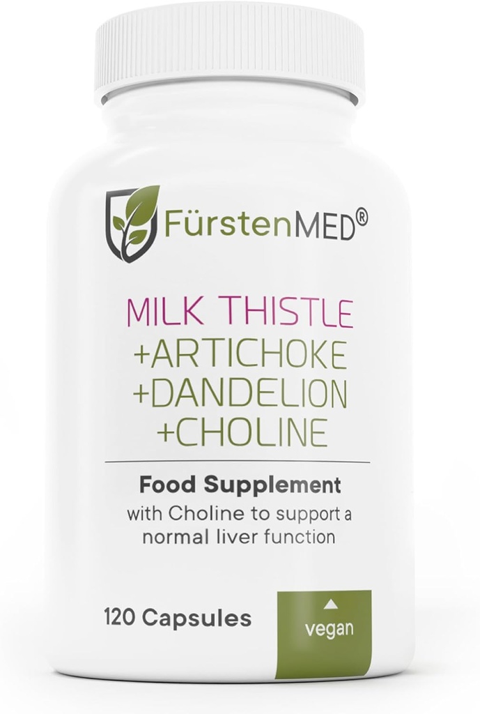 Fürstenmed Milk Thistle med Artichoke Extract, Mælkebøtte Root & Cholin - Normal lever sundhed supplement - Højt doseret med 80% Silymarin - Vegansk leverstøtte - 120 Non- GMO Capsule