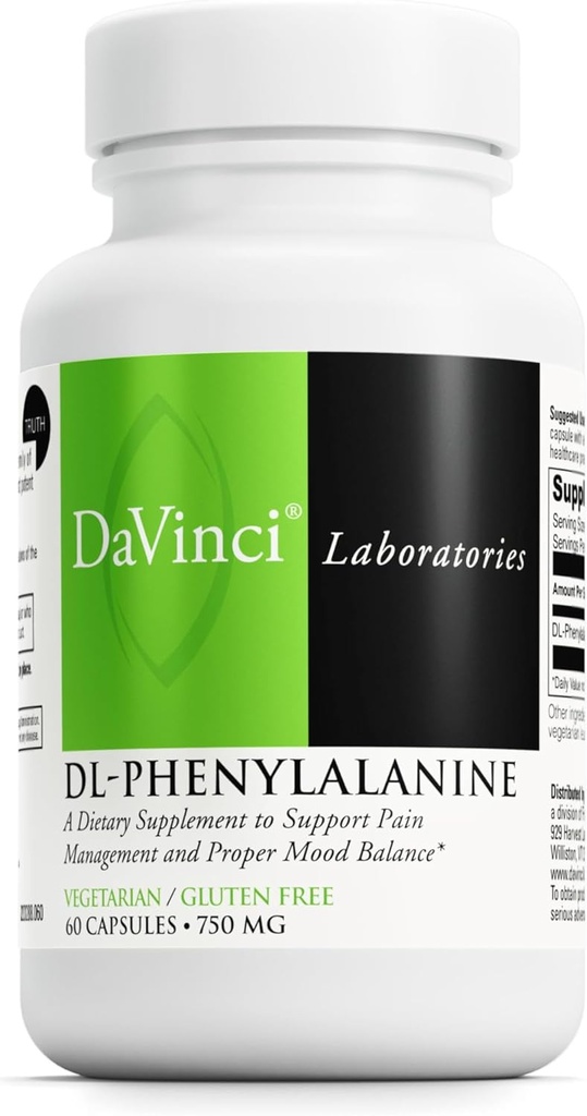 DAVINCI Labs DL- Phenylalanin - Aminosyre Kosttilskud til support Comfort, Balance og ubehag * - med 750 mg DL- Phenylalanin per servering - Gluten- Free - 60 Vegetariske kapsler