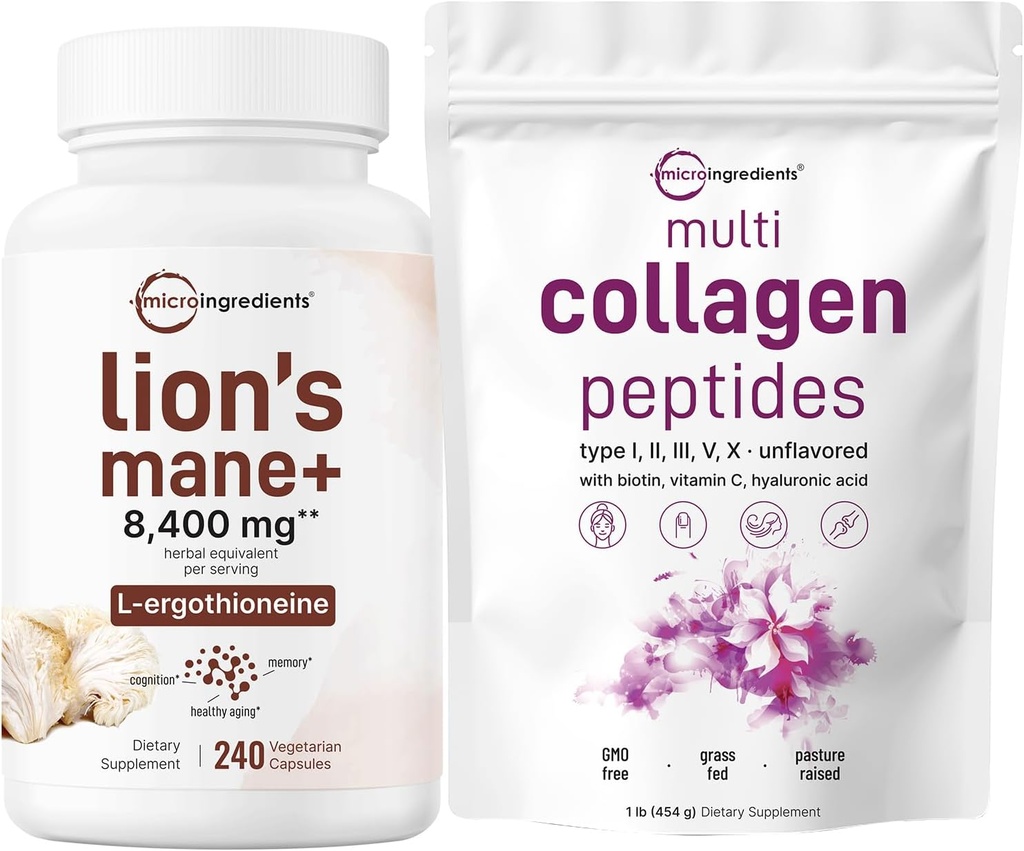 Micro Ingredients Multi Collagen Protein Powder 16oz & Lions Mane Supplement 240 Veggie Capsules Bundle 2 Pack 124; Grass- Fed Collagen Peptider Medic124; Superfood Mushroom Antioxidanter med L- Ergothioneine
