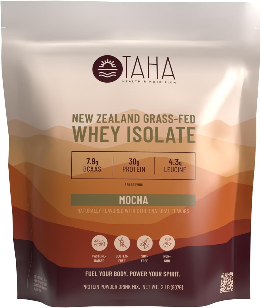 Taha Health & Nutrition Mocha Whey Protein Isolate Powder, 30g Protein, 7,9 g BCAA, 4,3 g Leucin - 124; New Zealand Free- Range, Grass- Fed Dairy - 124; Gluten- Free, Keto, Kosher - 124; 2LB, 24 Servere