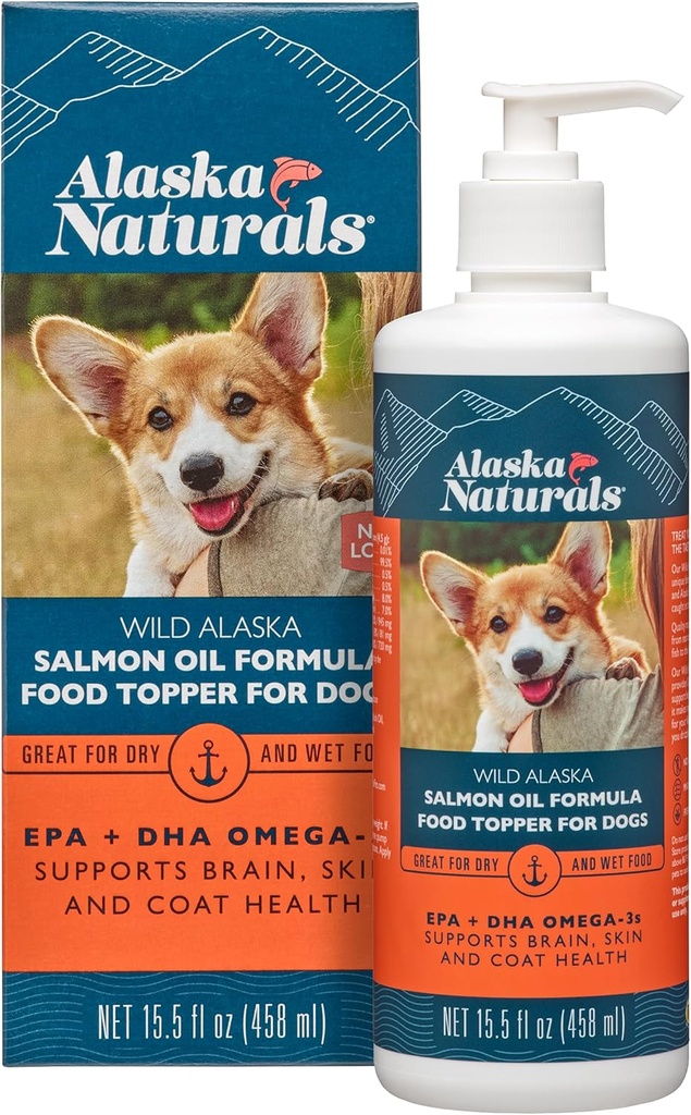 Alaska Naturals - Wild Alaska Salmon Oil Formel Dog Food Topper - EPA og DHA Omega-3 - tillæg for sund hud, Shiny Coat - Lavet i USA - 15,5 oz. Pumpebeholder