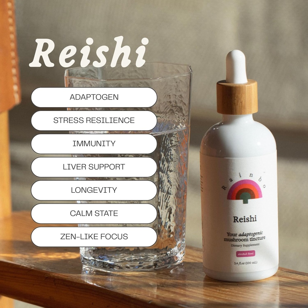 Rainbo - Reishi Mushroom Tinktur - Alkohol fri - Dual Extract Mushroom Supplement - Immun Support, Mood, Sleep, Liquid Reishi Supplement, Vegan, Ikke GMO, 3.4 fl oz