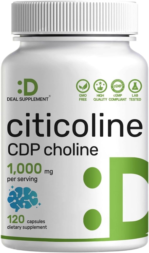 Citicolin CDP Cholin, 1000 mg per servering, 120 kapsler - Ekstra styrke Cholin kosttilskud - Nootrop B Vitamin Egenskaber - fremmer hjerne sundhed, hukommelse, & fokus - ikke-GMO
