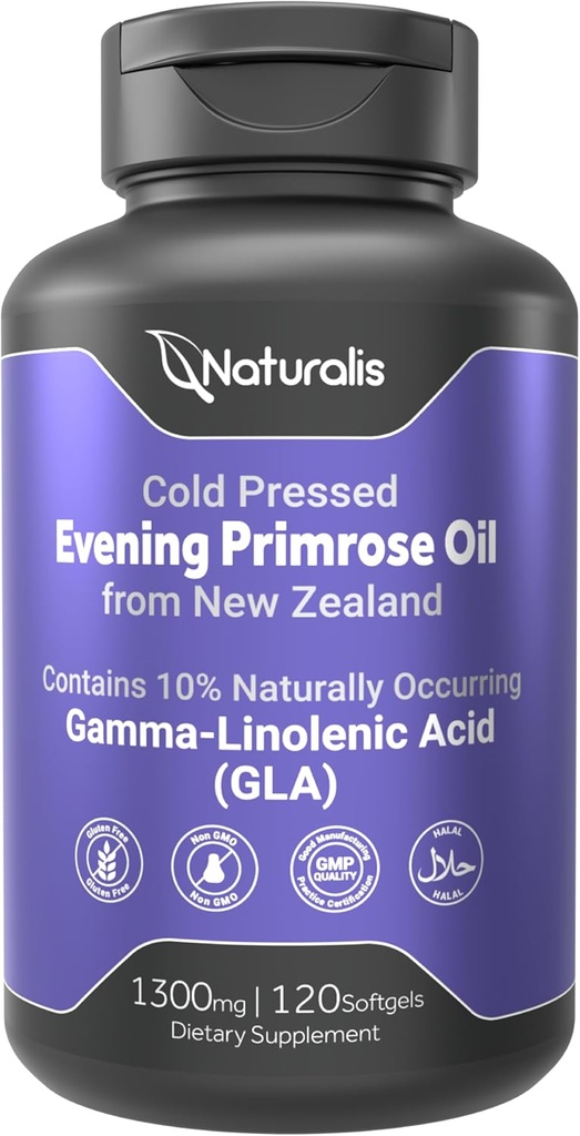 Naturalis Evening Primrose Oil (1300mg) | 100% Natural from New Zealand | Non-GMO, Soy & Gluten Free, Zero Filler | 120 Softgels