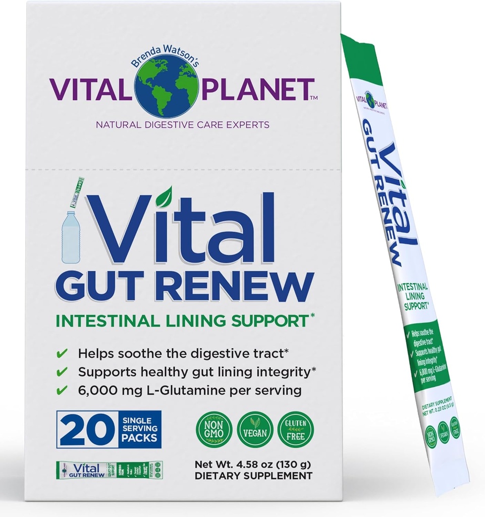 Vital Planet - Vital Gut Renew Powder Supplement til Leaky Gut Reparation med L- Glutamin, Marshmallow og Ginger Root, DGL lakrids Root og Organic Aloe Vera, L Glutamin 6000mg, 20 Single Serve Packs