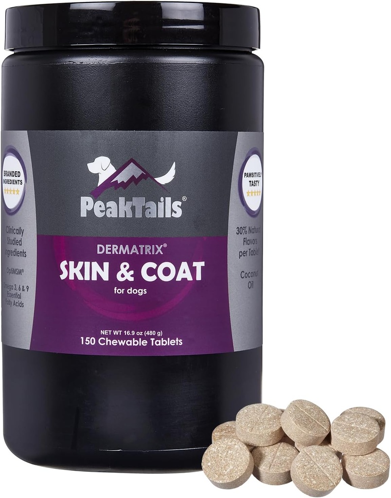 Kala Health PeakTails Skin & Coat Support til hunde - 150 tyggetabletter med MSM, Fish Oil, Omega-3 & Omega- 6 - Understøtter sund hud, skinnende Coat