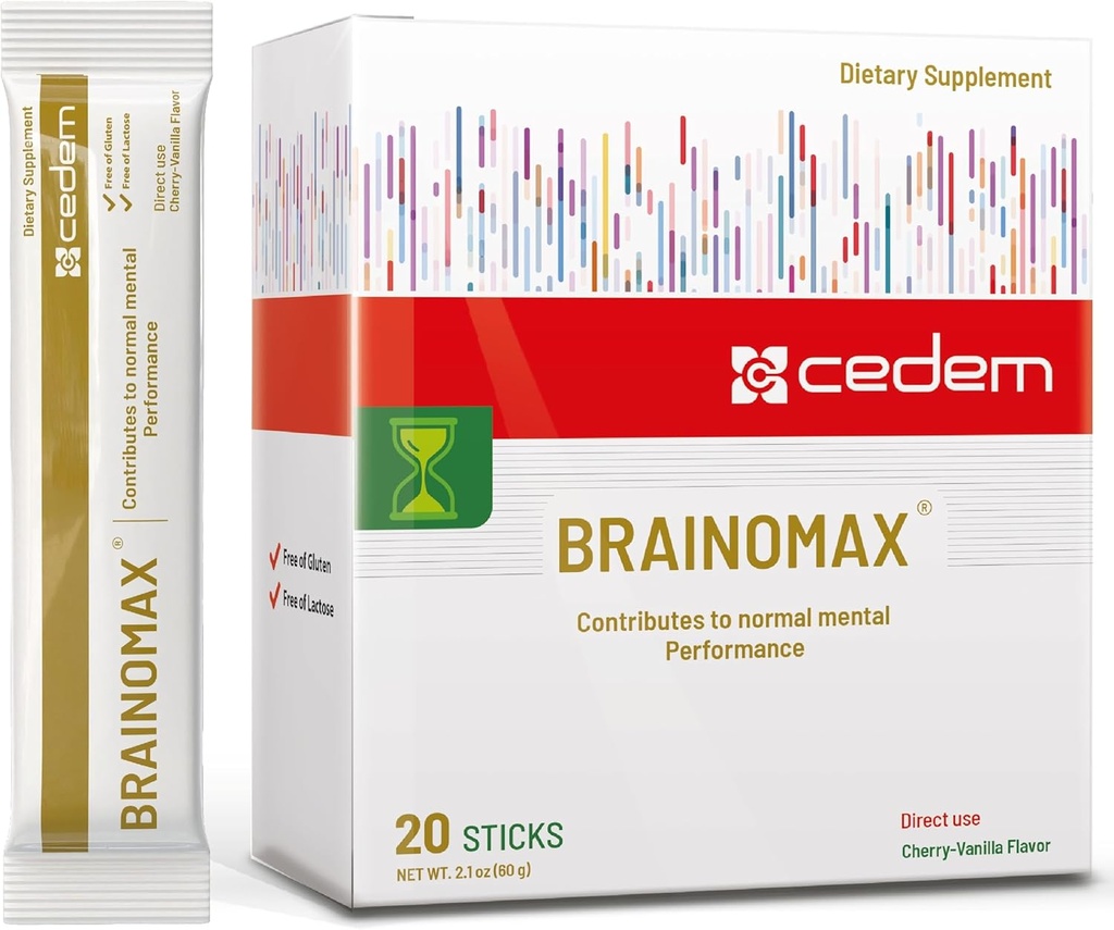 Schweiz BRAINOMAX 20 Powder Sticks, Brain Booster Supplement, Cherry- Vanilla Flavor med Citicolin, N- Acetyl- L- Carnitin, Nootrop Brain Kosttilskud til hukommelse og fokus, Kognitiv støtte