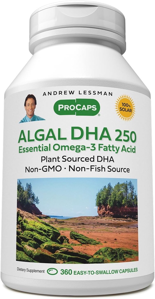 ANDREW LESSMAN Algal DHA 250 mg 360 Softgels - Plant- Based Omega-3 Olies, Natural Marine Algae, High DHA, Non- GMO, High Potency, No Mave Upset, No Fishy Aftersmage. Lille let at synke