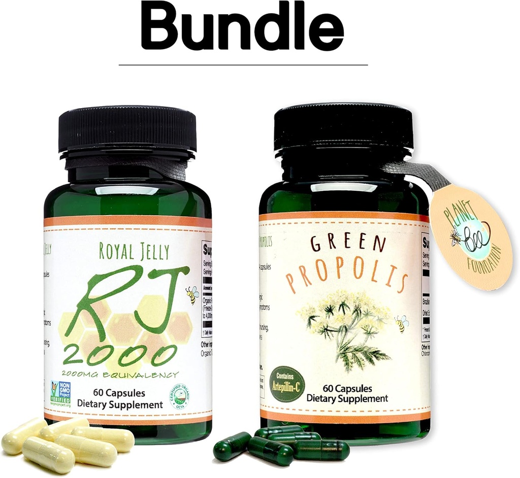 Greenbow Royal Jelly 2000mg Equivalency - Ikke GMO Lavet med Organic Royal Jelly _ 60 caps Green Propolis - Ægte Brasiliansk Green Propolis, Indeholder Artepillin C _ 60 caps
