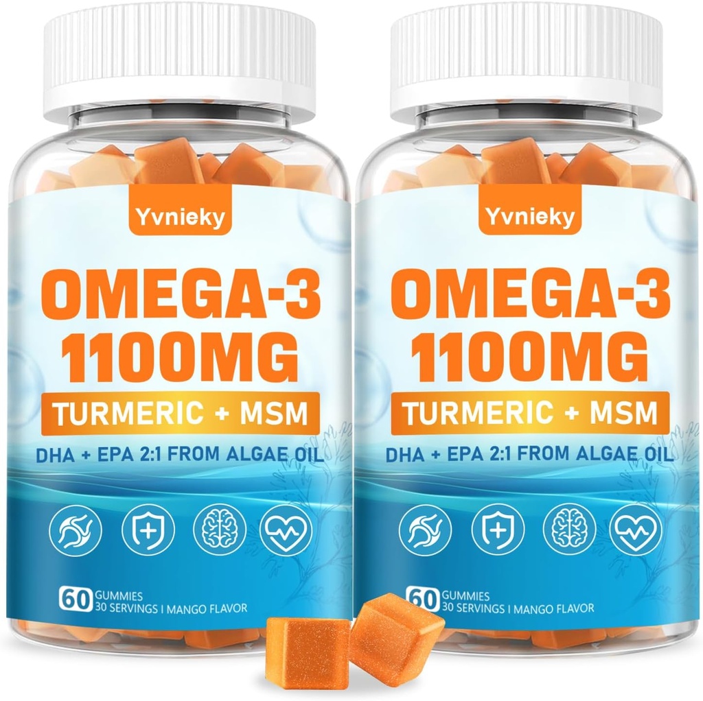 Vegansk Omega 3 Supplement Gummies 1100m for voksne - DHA 680mg & EPA 340mg med gurkemeje, MSM, C-vitamin, E, D3, Zink - Alger Fish Oil Alternative