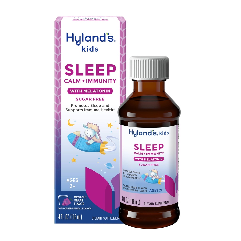 Hyland 's Kids Sleep Call & Immunity med Melatonin, Sugar- Free Sleep Aid Flydende med Magnesium, Vitamin D, Zink & Elderberry, fremmer Sleep & Understøtter immunsundhed, Age 2 +, Grape Flavor, 4 Fl. Oz.