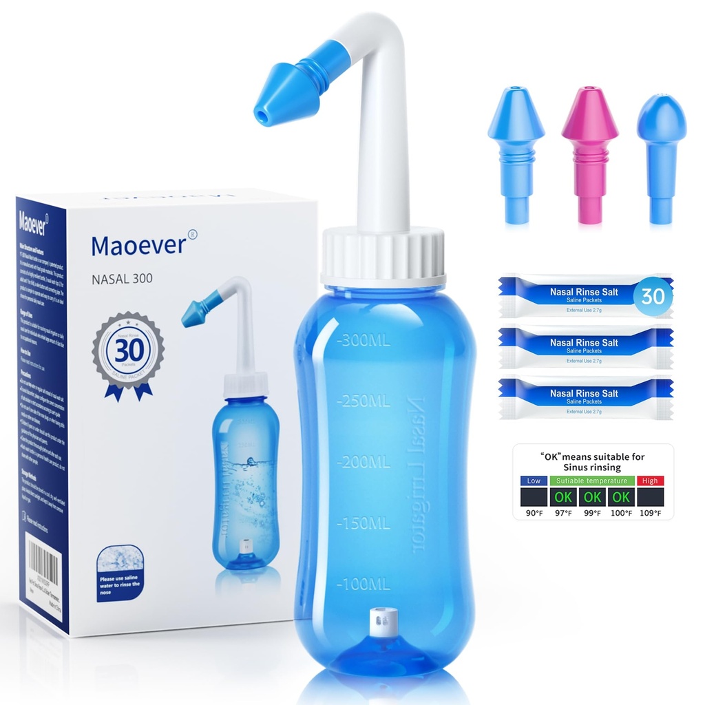 MAOEVER Neti Pot Sinus Rinse Nose Vask Renere trykskylning Nasal kunstvanding for voksne & Kid BPA Gratis 300 ML med 30 Nasal Vask saltpakninger og Sticker Termometer (blå)
