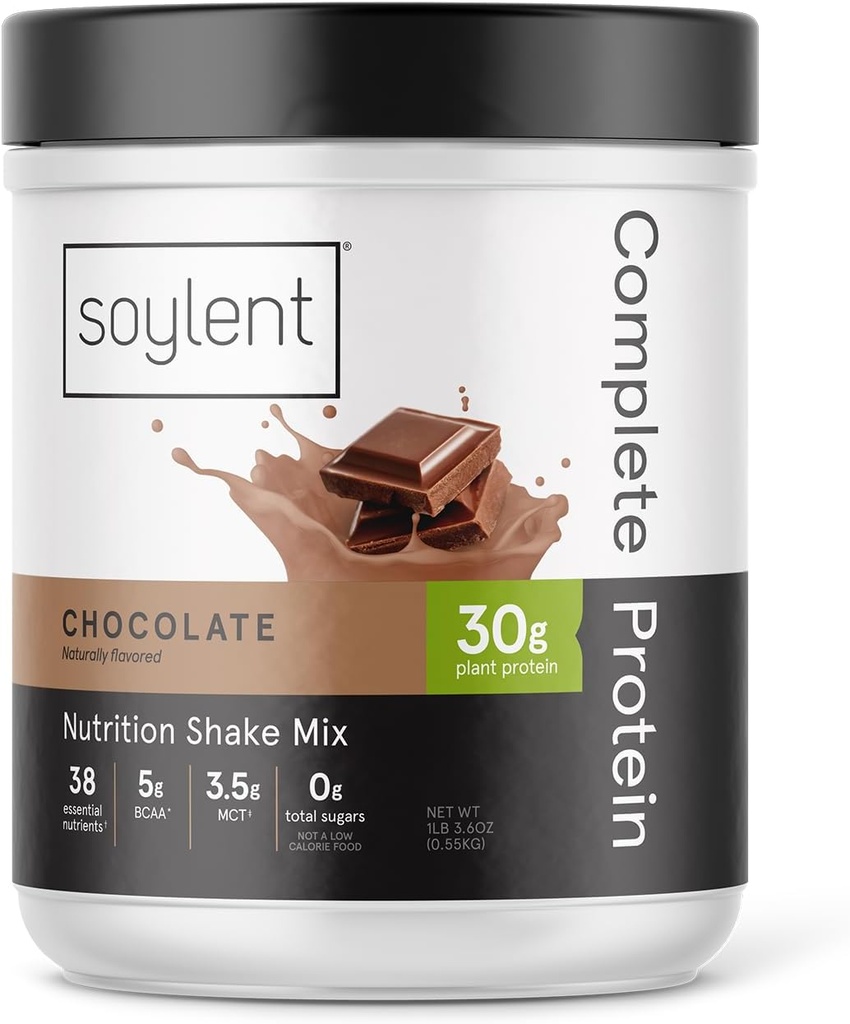 Soylent Complete Protein Powder, Chocolate, 30g Protein Shake for Muscle Growth and Recovery, BCAAs, DHA, MCT, 28 Vitamins & Minerals, Zero Sugar, Gluten Free, Vegan - 1.25lb
