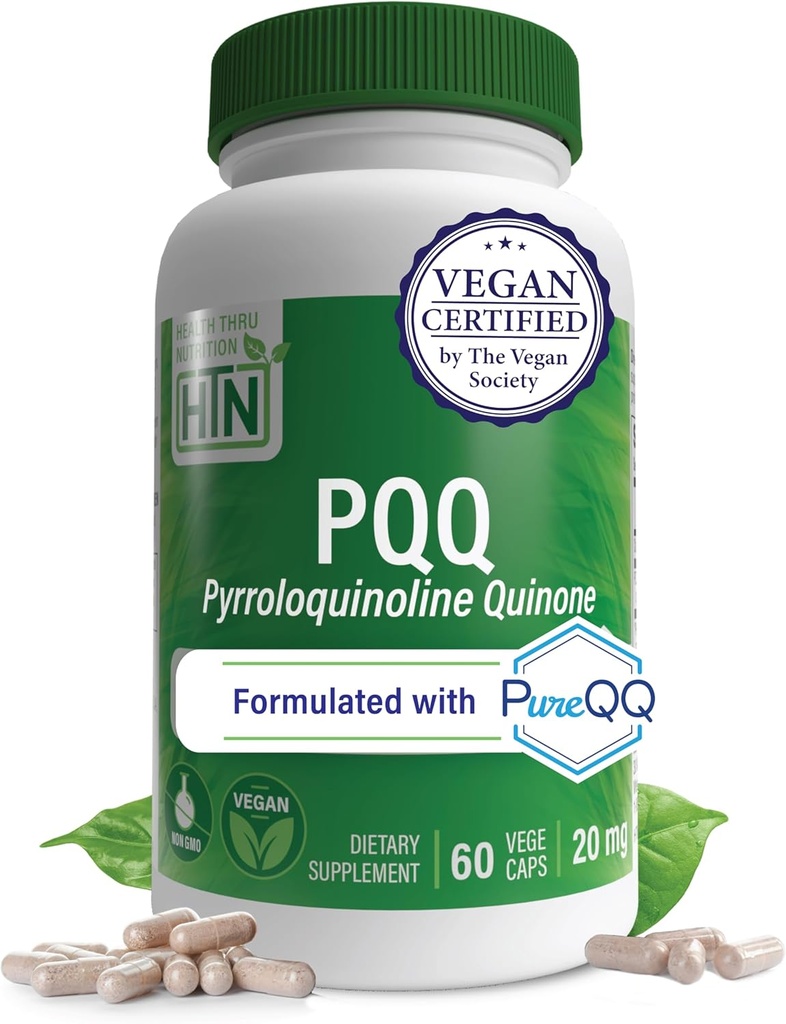 Health Thru Nutrition PQQ 20mg 60 Servering Pyrroloquinoline Quinone som PureQQ Note 124; Promoes Mitochondrial Biogenesis Note 124; Certified Vegan Note 124; Non- GMO Gluten Soy Free Capsules Supplement
