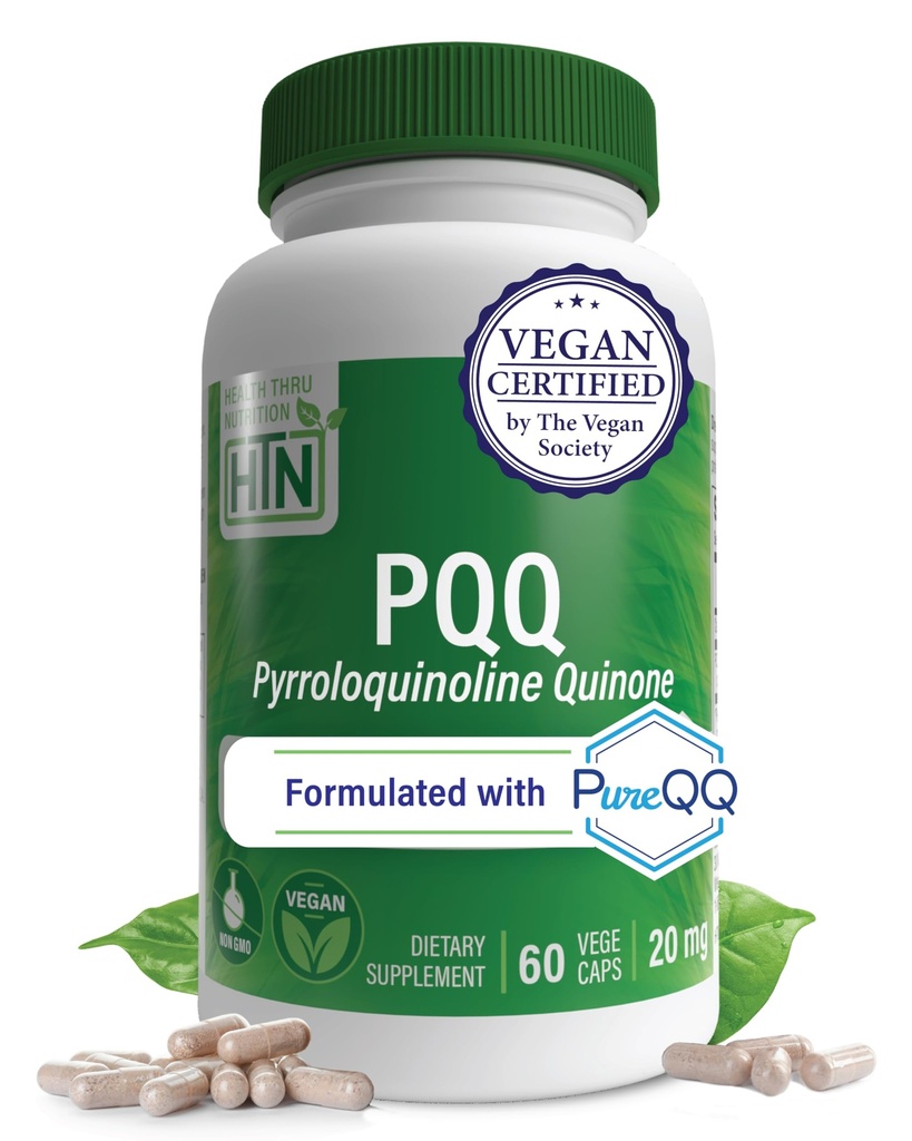 Health Thru Nutrition PQQ 20mg 60 Servering Pyrroloquinoline Quinone som PureQQ Note 124; Promoes Mitochondrial Biogenesis Note 124; Certified Vegan Note 124; Non- GMO Gluten Soy Free Capsules Supplement