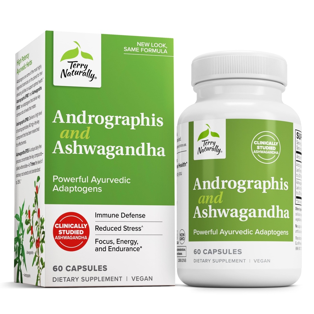 Terry naturligt Andrographis og Ashwagandha - Immunsystemet Support - Support Energy & Sund Stress Response - Energistøtte Supplement - 60 Kapsler (60 Servere)