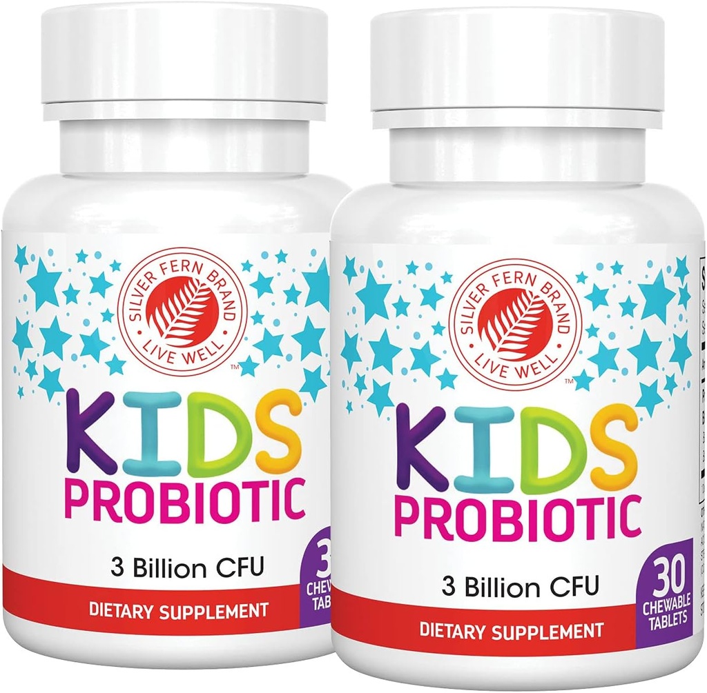 Sølv Fern Brand Kids Ultimate Probiotic - 2 flasker - 30 tyggetabletter hver - Sukker & Gluten Gratis - Børnenes Kosttilskud - DNA & Survivability Verified - fordøjelsesstøtte & immunforsvar