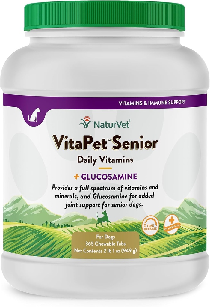 NaturVet - VitaPet Senior Daily Vitamin til Senior Hunde - Plus Glucosamin - Fuld Spektrum af Vitamin & Min - Forbedret med Glucosamin til Tilføjet fælles støtte - 365 tidsudgivelsestabletter