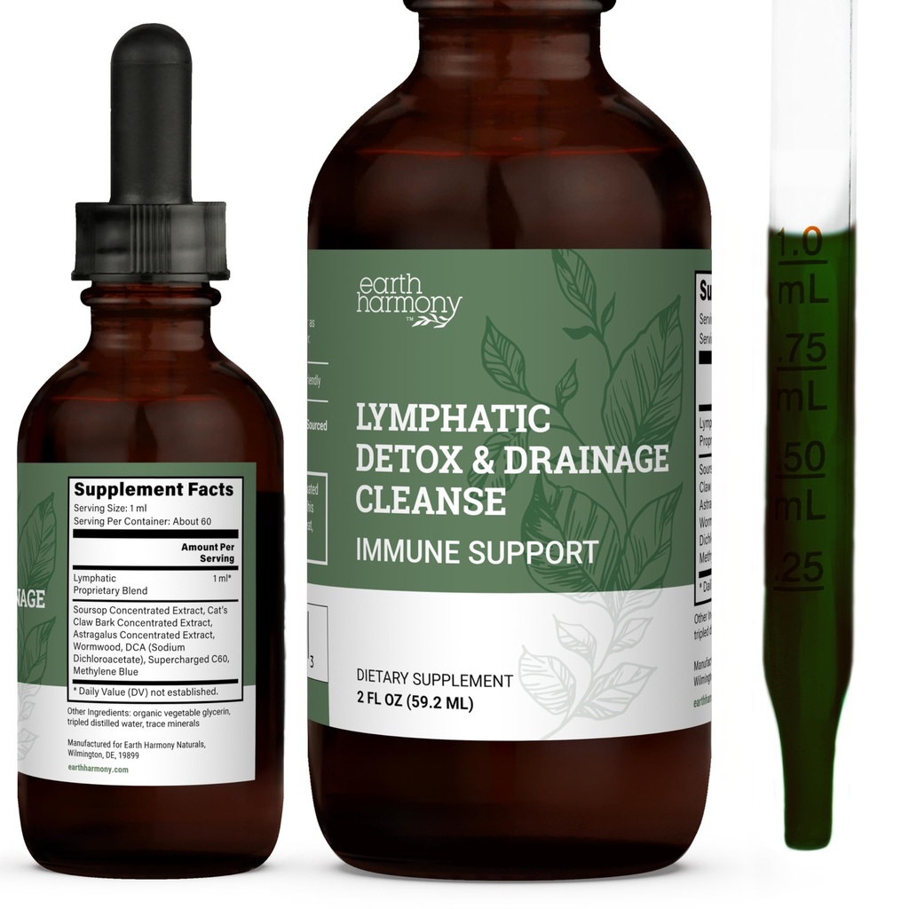 Earth Harmony Lymporous Drainage Drops, Lymph Detox - tillæg med Soursop, Cat 's Claw Bark, Astragalus, Wormwood, Lymph Node Detox, Lymporous Support Cleanse (2 Oz)
