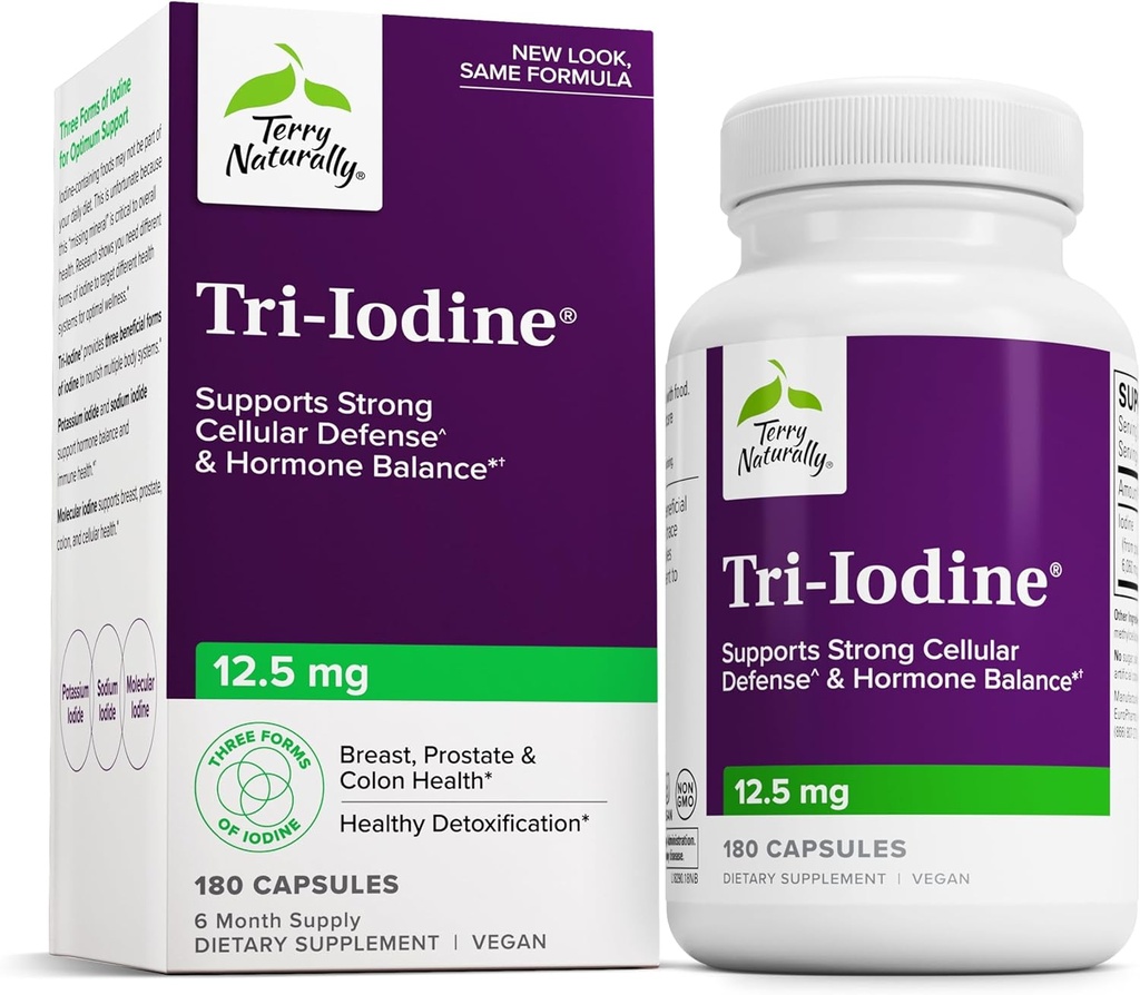 Terry Naturally Tri-Iodine - Support Thyroid Health - Aids Hormone Balance with Molecular Iodine from Kelp - Features Potassium Iodide & Sodium Iodide - Brain & Energy Support - 12.5mg, 180 Capsules