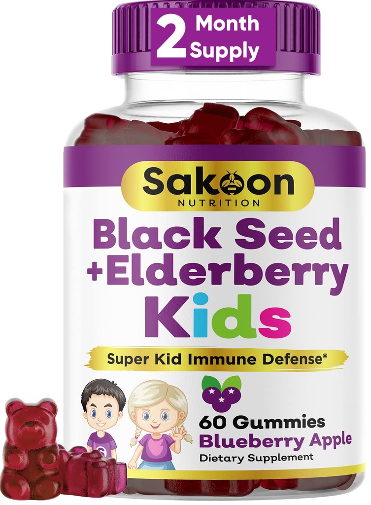 Sakoon ernæring Elderberry & Black Seed Oil Gummies for Kids, Immunstøtte, med C-vitamin og zink, lækker berry flavor, 60 Gummies