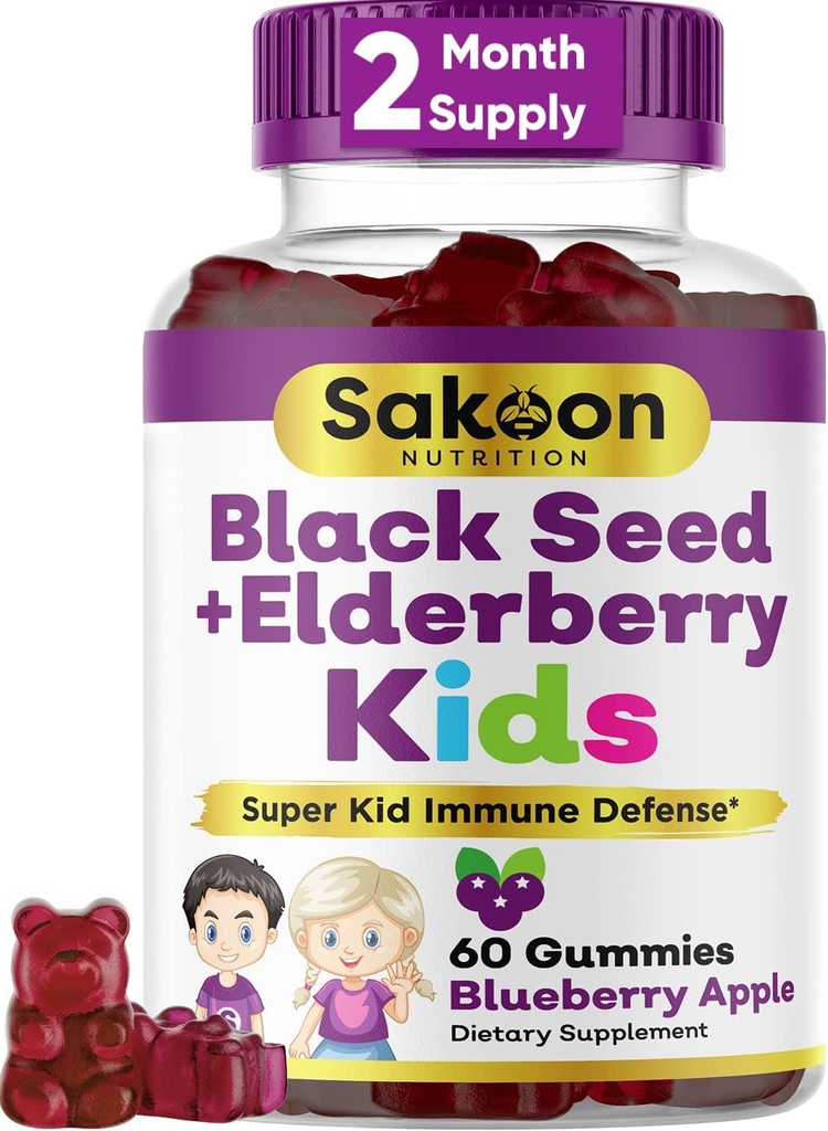Sakoon ernæring Elderberry & Black Seed Oil Gummies for Kids, Immunstøtte, med C-vitamin og zink, lækker berry flavor, 60 Gummies