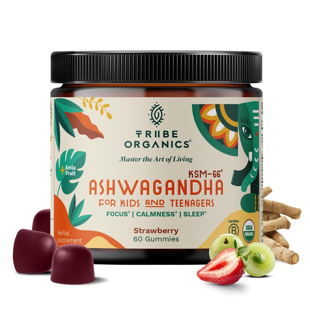 Ashwagandha KSM- 66 Gummies for Kids & Teens - Pure Organic Root Extract Ayurvedic Supplement Gummy - Focus Mood Support Øge energi styrke 600mg af naturlige KSM66 for Superior Absorption