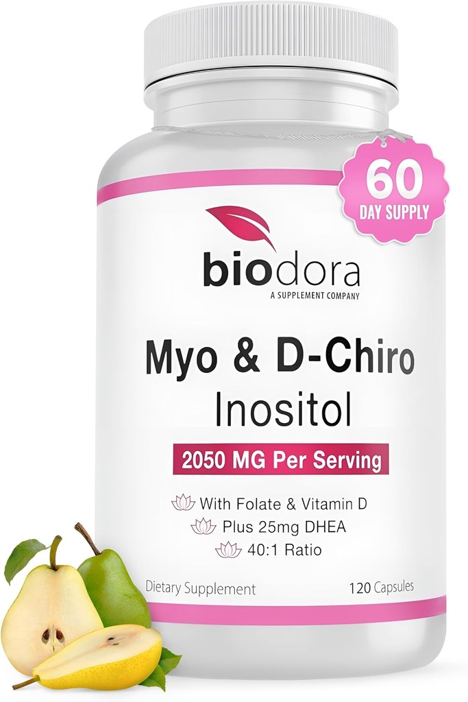 Myo & D- Chiro Inositol Supplement, med Folate og D-vitamin, 40 til 1 Ratio, Inkluderer DHEA, Hjælper i Hormone Balance, Ovarie Funktion, 2050mg per servering, 120 Kapsler
