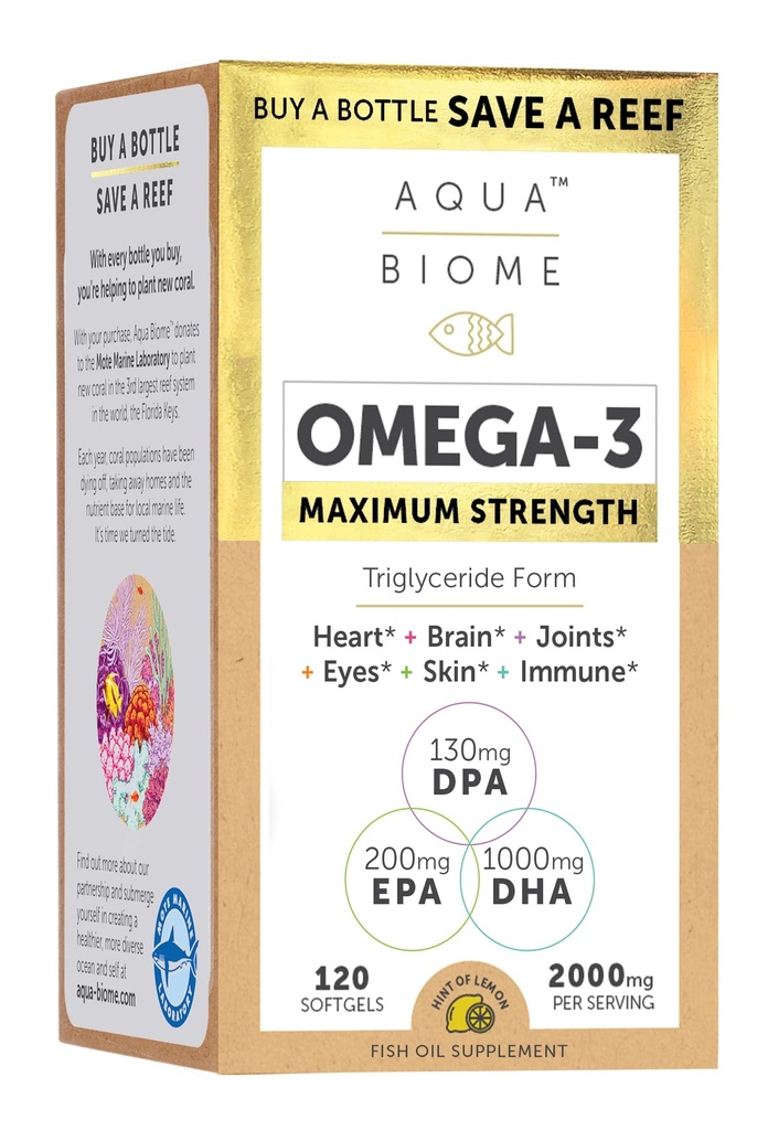 Enzymedica Aqua Biome Omega 3 Fish Oil Maximum Strength - Fish Oil Omega 3 Fatty Acid Supplement for Women & Men, Source of DPA, EPA, & DHA, Heart & Brain Health Support, Gluten Free - 120 Softgels
