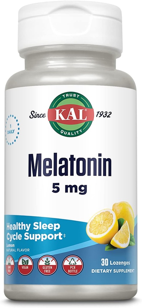 KAL Melatonin 5mg Søvnhjælp Lozenges, Melatonin Supplement understøtter søvnkvalitet, beroligende afslapning og en sund søvn cyklus, med tilsat vitamin B6, Vegetarisk, Natural Lemon Flavor, 30 Lozenges