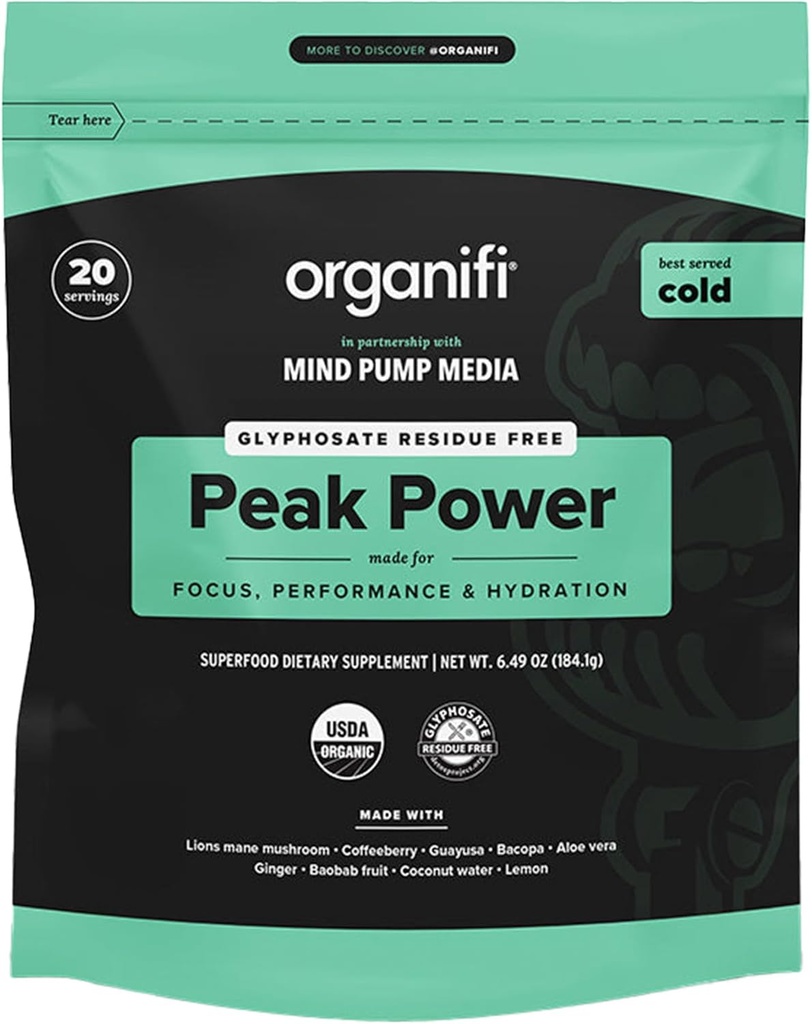 Organifi Peak Power, Pre Workout Powder til støtte Hydration, med Lions Mane og Guayusa