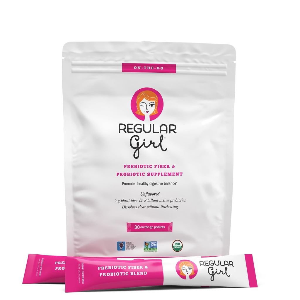 Regelmæssig Girl Organic Powder, Prebiotic Fiber supplement og probiotika til kvinder, Lav FODMAP, 30 On- The- Go Pakker, Unflavored, 30 Servering Pakker