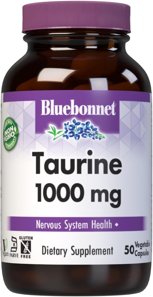 Bluebonnet Nutrition Taurine 1000mg, Free- Form Amino Acid, for Nervesystemet Sundhed, Soy- Free, Gluten- Free, Non- GMO, Kosher Certified, Vegan, White, 50 Vegetabilske kapsler, 50 Servere