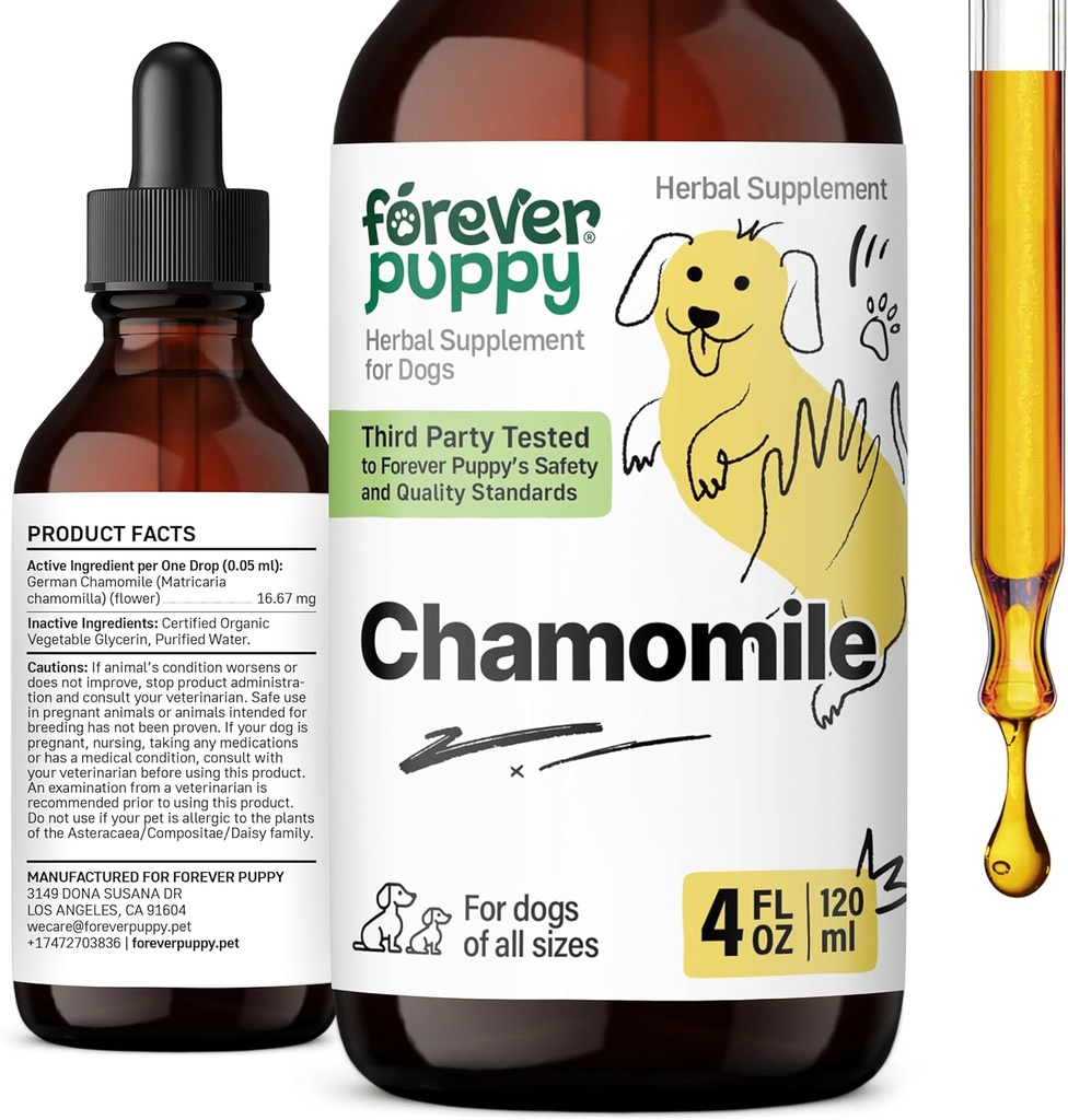Forever Puppy Kamille tinktur til hunde - Kamille flydende ekstrakt til gas Relief & Gut Cleanse Support - Flydende fordøjelsessygdomme supplement til hunde af alle racer & størrelser - 4 oz
