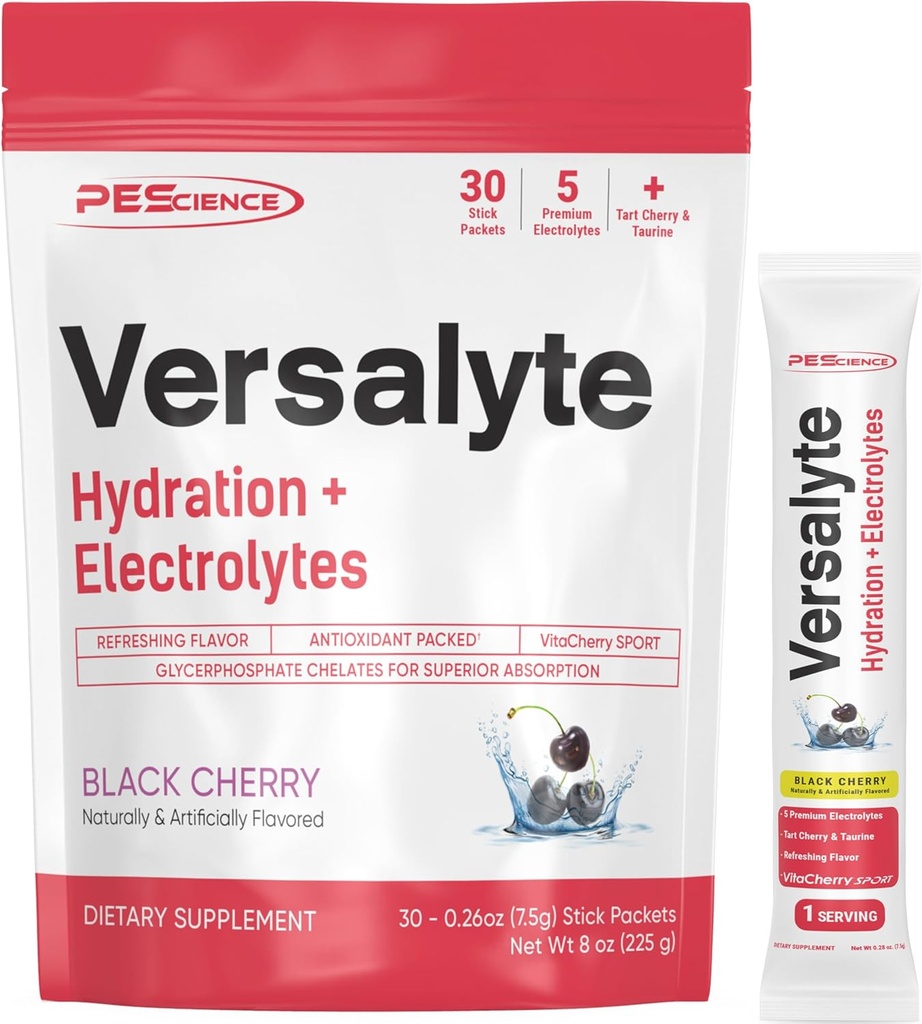PEScience Versalyte Electrolyte Hydration Pakninger, Sukker Free Electrolyte Powder med Magnesium, Taurine, Antioxidanter, Trace Minerals - Black Cherry, 30 Servere