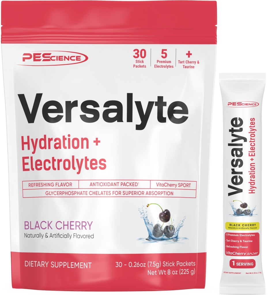 PEScience Versalyte Electrolyte Hydration Pakninger, Sukker Free Electrolyte Powder med Magnesium, Taurine, Antioxidanter, Trace Minerals - Black Cherry, 30 Servere