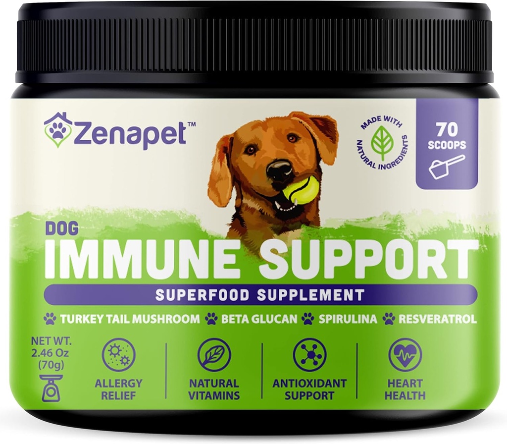 ZENAPET hund immunforsvar Premium Powder Topper, Tyrkiet Hale, Spirulina & Beta- glucan, Understøtter et sundt immunsystem & fordøjelse, Human- Grade, Made in USA