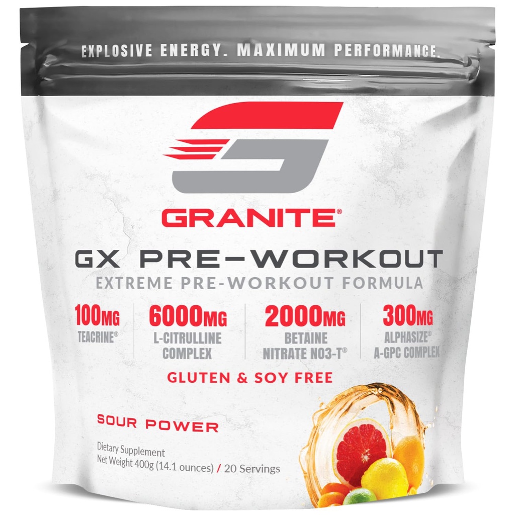 Granite GX Pre Workout Supplement, Sour Power Flavor, Understøtter fokus, energi, & ydeevne med Teacrine, L-Citrulline, Betaine, & A- GPC (20 Servere)