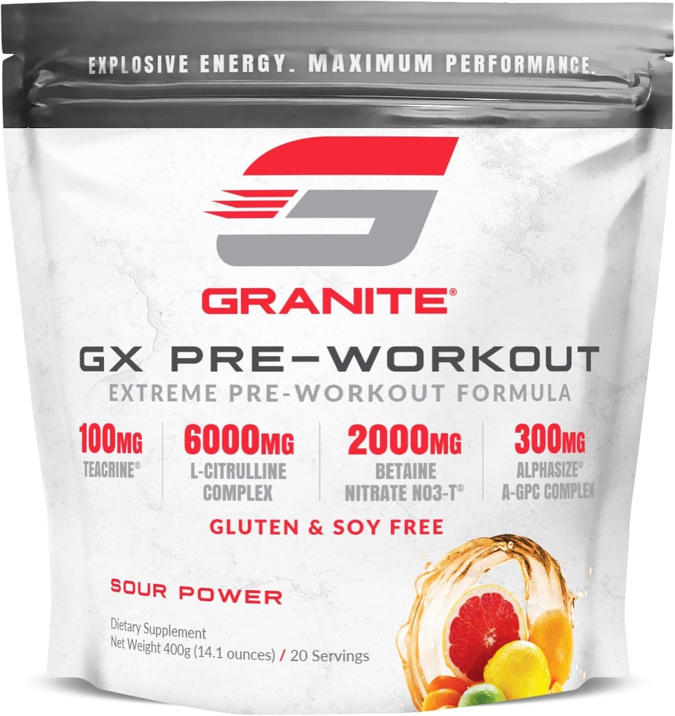 Granite GX Pre Workout Supplement, Sour Power Flavor, Understøtter fokus, energi, & ydeevne med Teacrine, L-Citrulline, Betaine, & A- GPC (20 Servere)