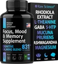 Brain Supplements for Memory and Focus - Ashwagandha, L Theanine, Rhodiola Extract, GABA, 5htp - Nootrop, Mood Support & Cortisol Supplement - Magnesium Oxide, Mucuuna Pruriens - 60 kapsler