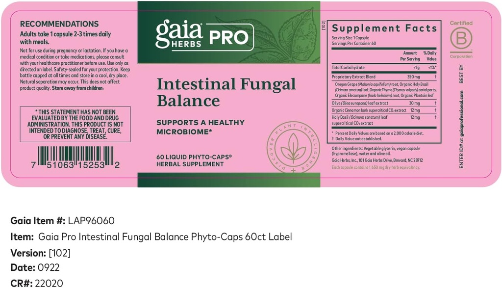 Gaia urter Pro Intestinal Fungal Balance - fordøjelse Support * - Rense Support Supplement * med Holy Basil Leaf, kanel Bark & Oregon Grape Root - 60 flydende Phyto- Caps (60 Servere)