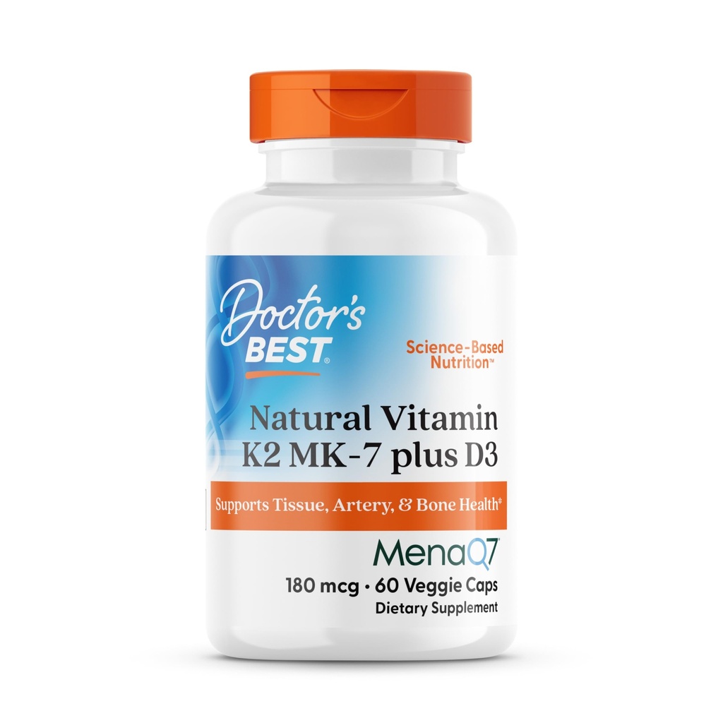 Doctor 's Best Natural Vitamin K2 MK- 7 Plus D3, Understøtter Væv, Artery, & Bone Health, Non- GMO, Gluten Free, Soy Free, Vegetarian 60 Veggie Caps