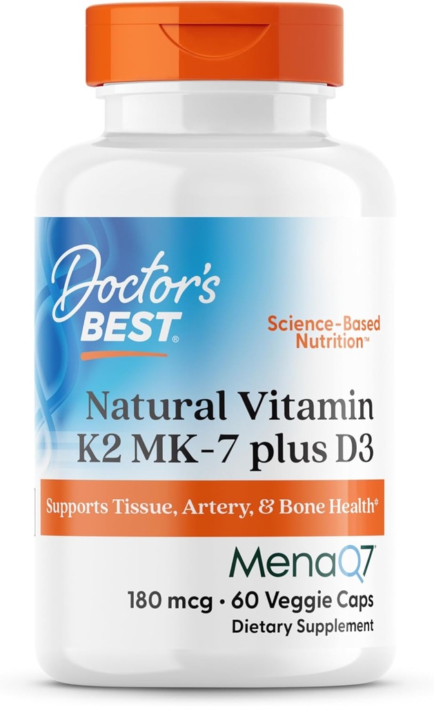 Doctor 's Best Natural Vitamin K2 MK- 7 Plus D3, Understøtter Væv, Artery, & Bone Health, Non- GMO, Gluten Free, Soy Free, Vegetarian 60 Veggie Caps