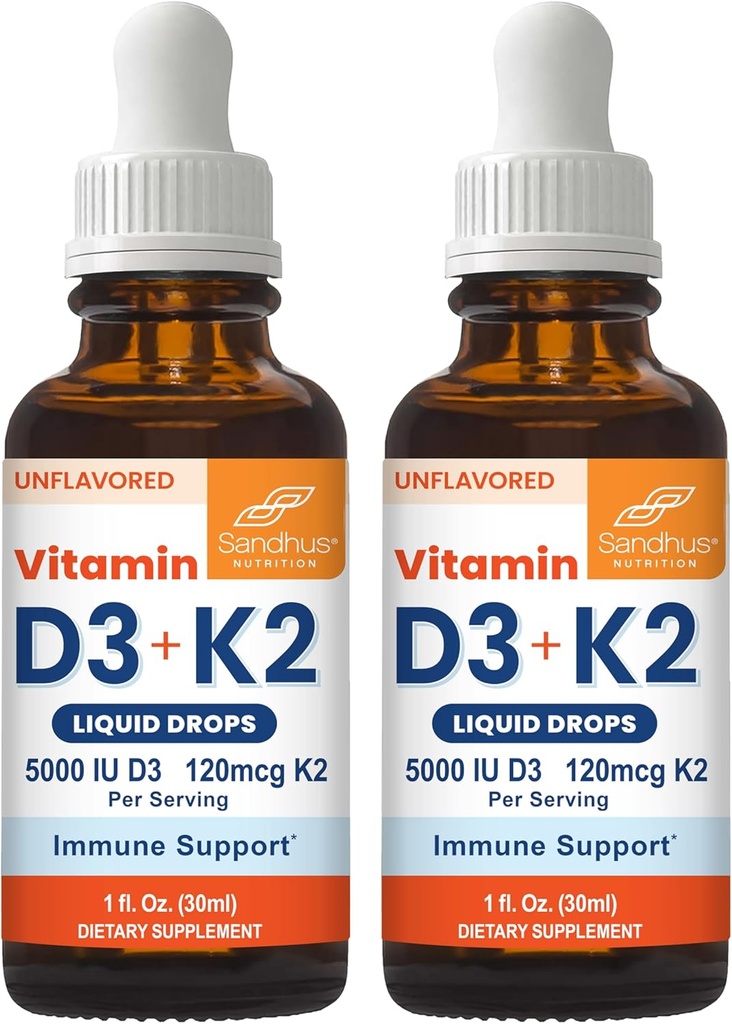 Sandhu 's D3 K2-vitamin D4; 5000 IE D3 Liquid, 120mcg K2 Supplement 1 Fl Oz (pakke med 2) D3K2 understøtter Superior Absorption, energi, immunforsvar, muskelsundhed for mænd og kvinder