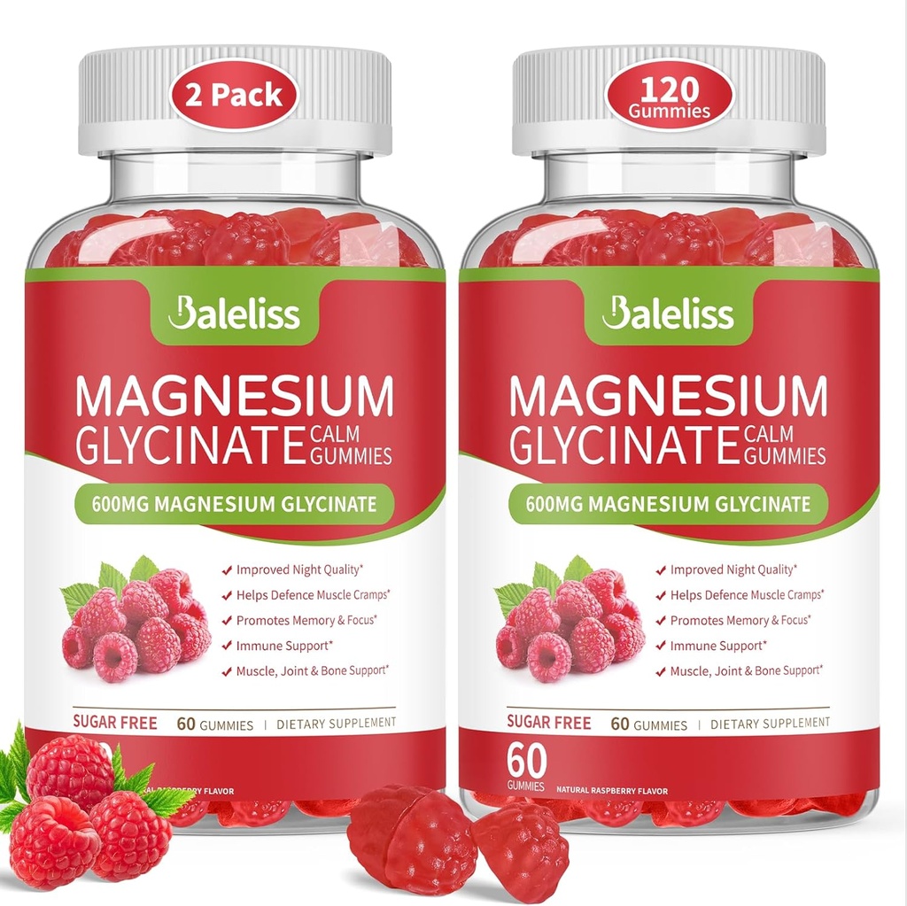 Magnesium Glycinate Gummies 600mg, Sugar Free Chewable Magnesium Glycinate with Vitamin D, B6, and CoQ10 Support Sleep, Relaxation, Stress Relief, and Calm Mood for Adults 120 Gummies (2 Pack)
