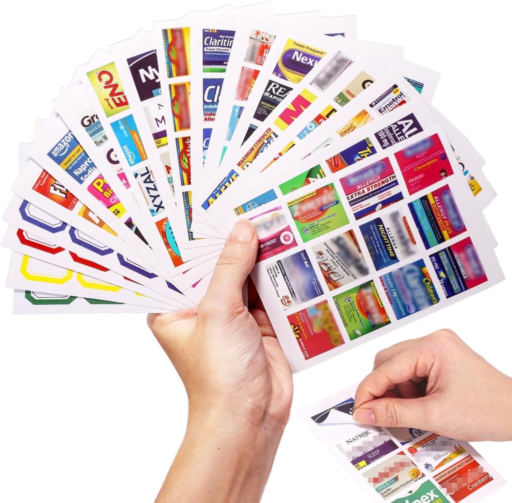 383Pcs Pill Organizer Medicine Labels, Pre- Cut Medicine Stickers Travel Daily Pill Container Labels med 34 Sheets Pill Box Lables Pill Organizer Stickers of Brands + 4 Sheets Blank Stickers (351 + 32PCS)