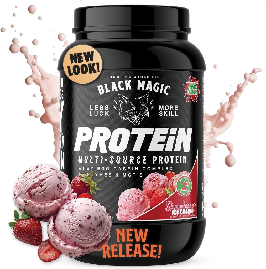 Black Magic Protein Powder - Nyt look - Whey, Egg, og Casein Complex med enzymer & MCT Powder - Pre Workout og Post Workout - Jordbær Is Protein Powder - 24g Protein - 2 LB...