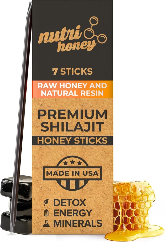NATURAL SHILAJIT Honey Sticks - Shilajit Resin med rå honning, Fulvic Acid & Trace Minerals, Plante baserede næringsstoffer til energi, immunforsvar & Vitality - 7 Shilajit Sticks