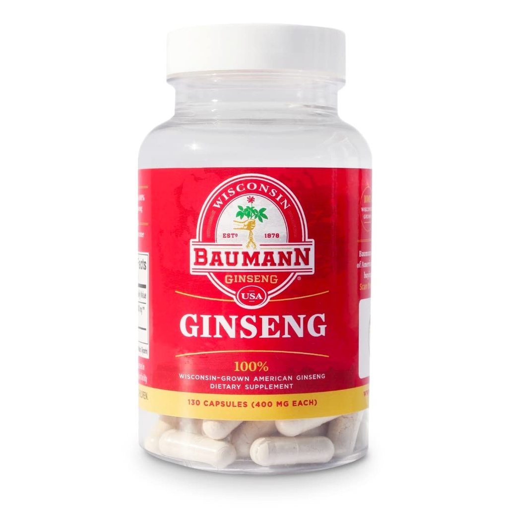 Baumann Wisconsin Ginseng Capsules 130 Pills 400 mg - Pure American Ginseng Root Extract Powder in Each Pill - 100% Natural Panax Ginseng Supplement til immunforsvar, fokus og energi